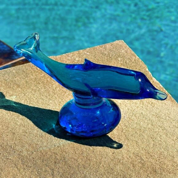 Cobalt Blue Hand Crafted Art Glass Dolphin Signed by Artist RON RAY 1995 6 Inch - Picture 1 of 11